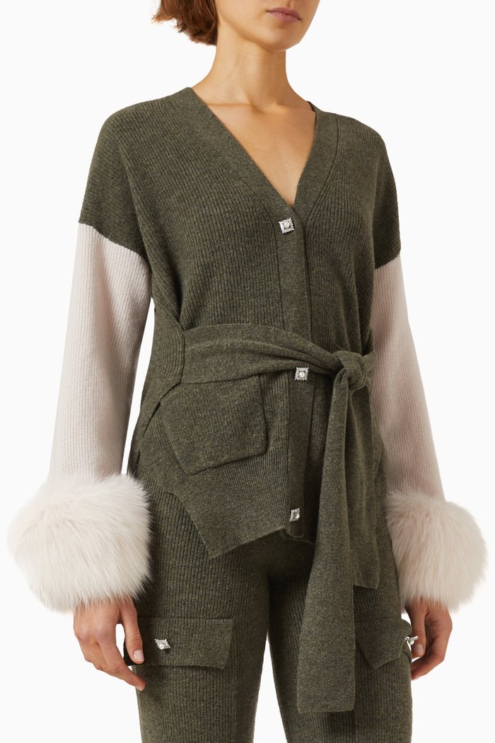 

Colour-block Belted Cardigan with Fox-fur Cuffs in Wool-cashmere Knit, Multicolour