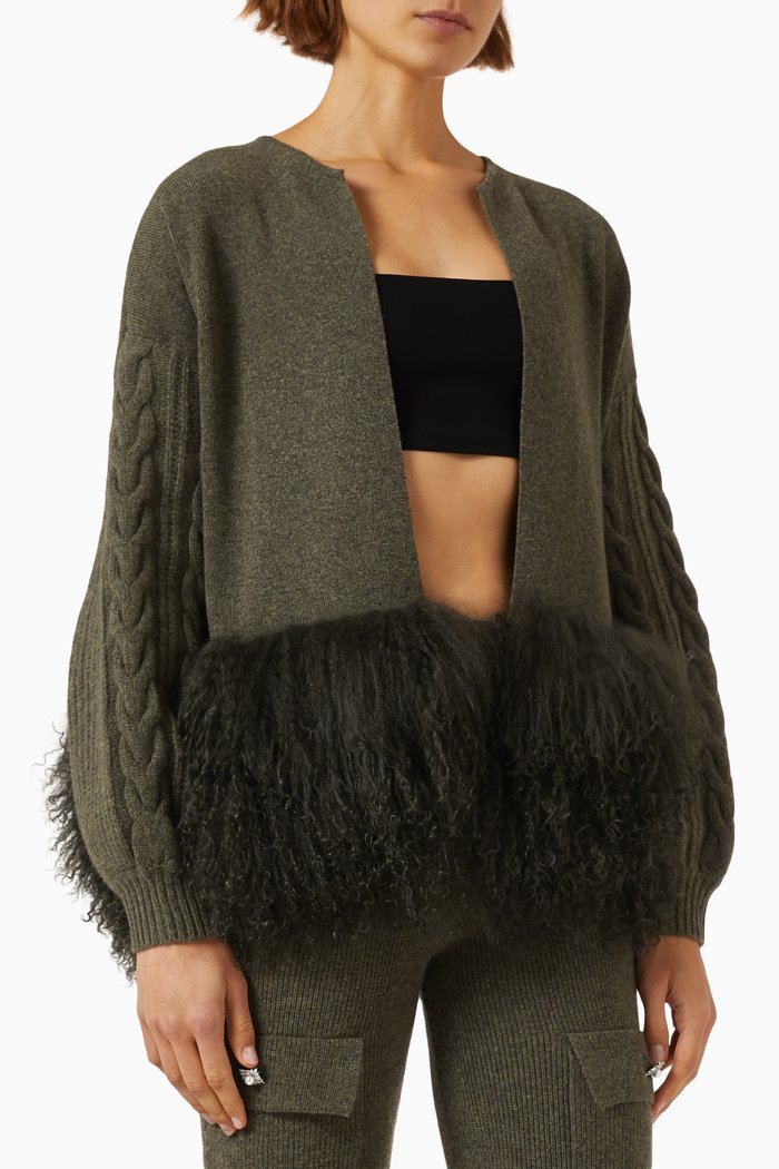 Cropped Cable-knit Jacket with Shearling Trim in Wool-cashmere Knit, Green