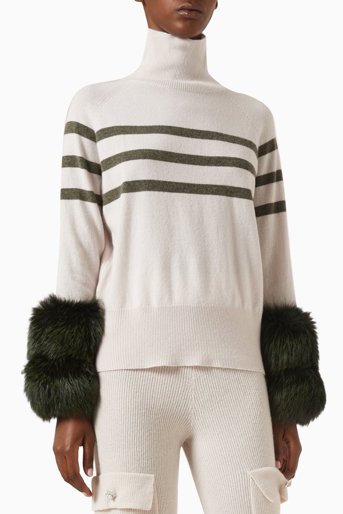 

Striped Polo Neck Sweater with Fox Fur Cuffs in Merino-wool Knit, Multicolour