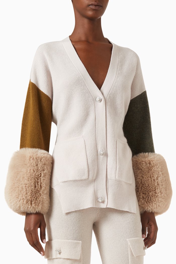 

Colour-block Belted Cardigan with Faux-fur Cuffs in Wool-cashmere Knit, Multicolour