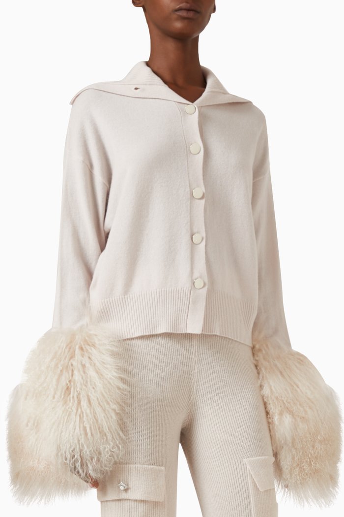 

Button-down Cardigan with Shearling Cuffs in Wool-cashmere Knit, Pink