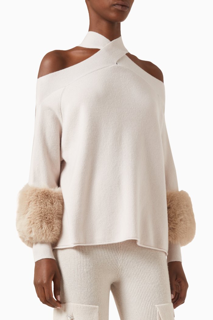 

Criss-cross Sweater with Faux-fur Cuffs in Wool-cashmere Knit, Pink