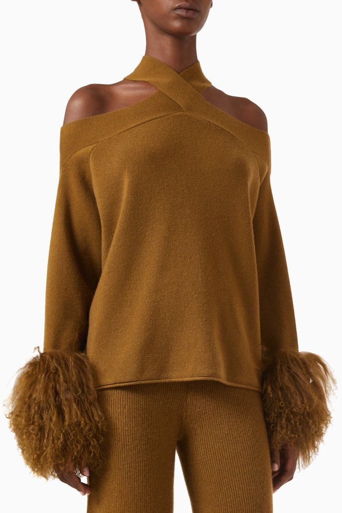 

Criss-cross Sweater with Shearling-fur Cuffs in Wool-cashmere Knit, Brown