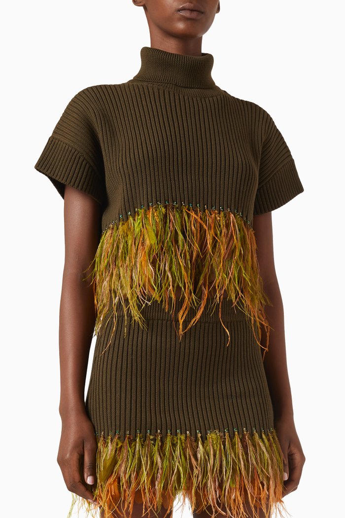 

Feather-trim Crop Top in Cotton Knit, Green
