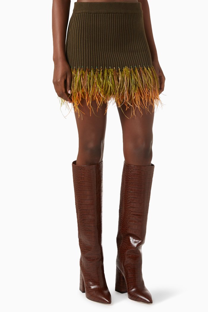 

Feather-trim Mini Skirt in Cotton Knit, Green