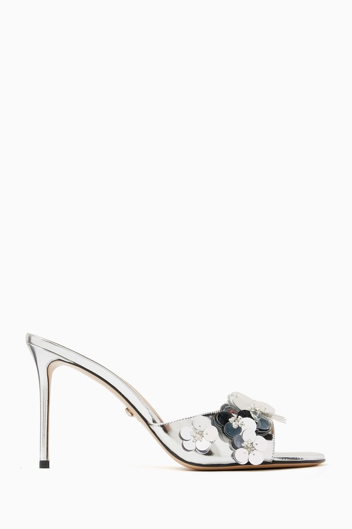 

Flowers 95 Mule Sandals in Metallic Leather, Silver