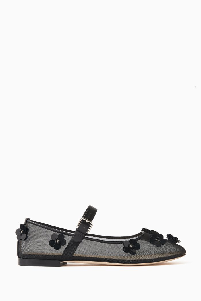 

Embellished Floral Ballerina Flats in Mesh, Black