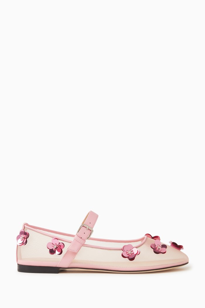 

Embellished Floral Ballerina Flats in Mesh, Pink