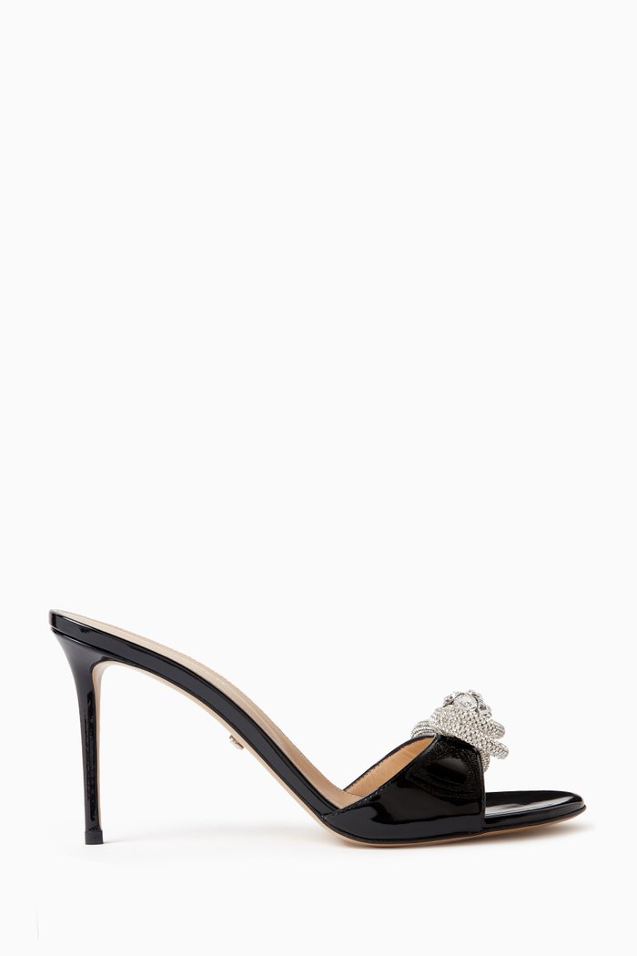 Double Bow 95 Mule Sandals in Patent Leather, Black