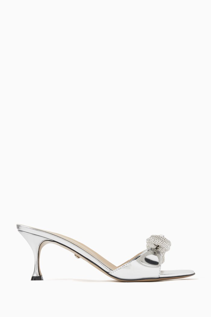 

Double Bow 65 Mules in Metallic Leather, Silver