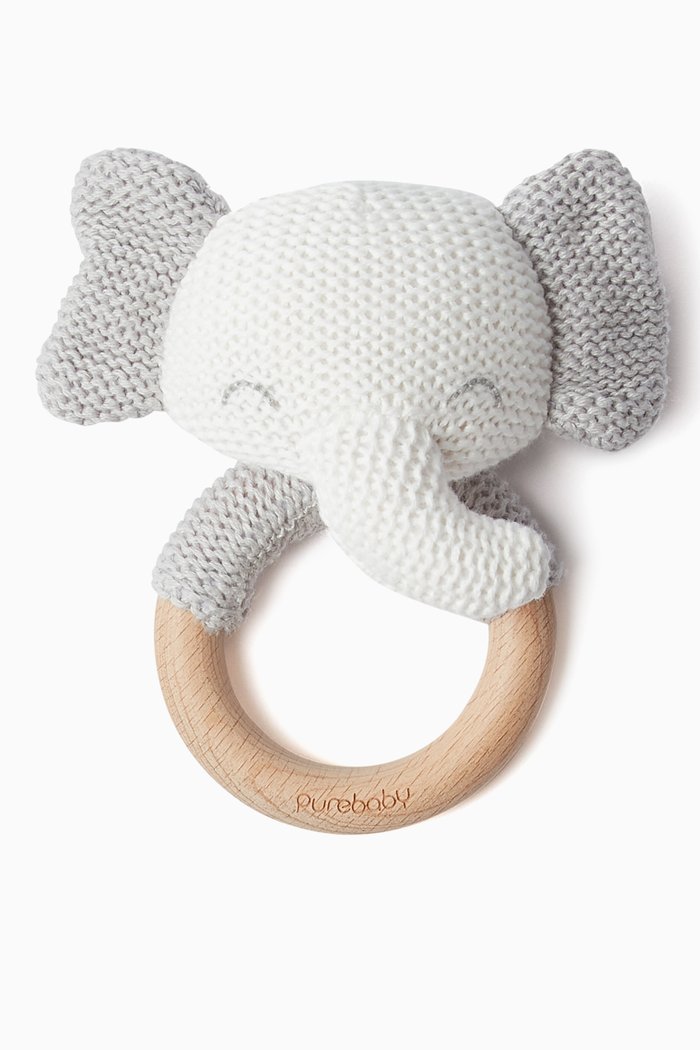 

Elephant Rattle in Organic Cotton-knit & Beechwood, Grey