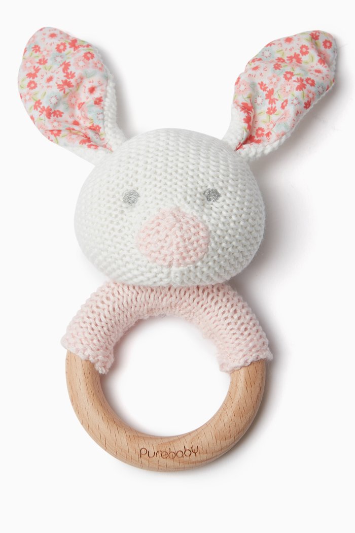 

Bunny Rattle in Organic Cotton-knit & Beechwood, Pink