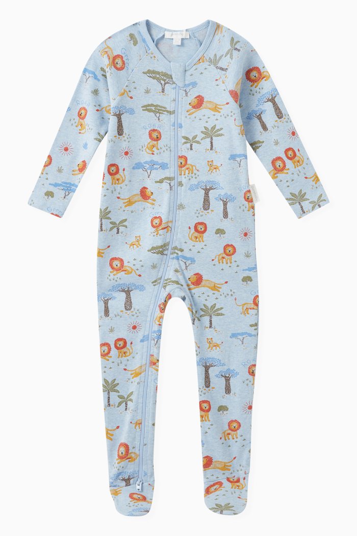 

Lion-print Sleepsuit in Organic Cotton, Blue