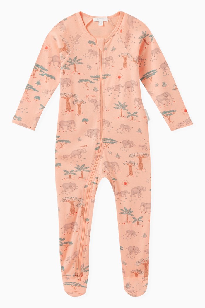 Elephant-print Sleepsuit in Organic Cotton, Orange