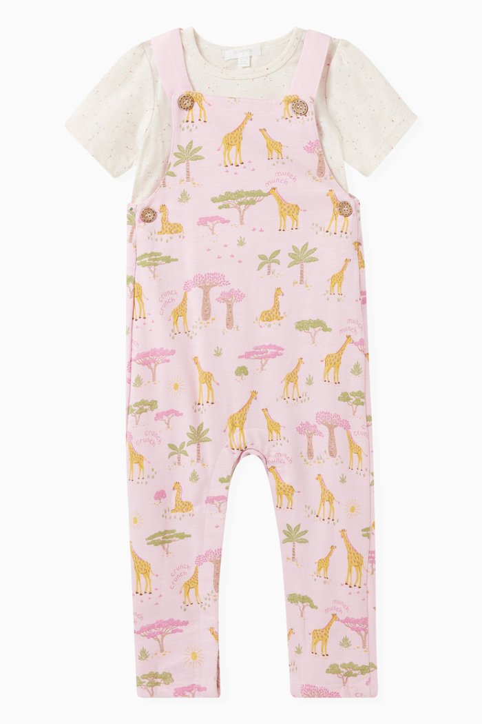 

2-piece Giraffe Overall Set in Organic Cotton, Pink