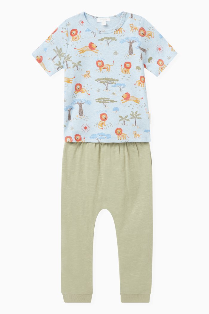 

2-piece Lion-print Comfy T-shirt & Pants Set, Blue