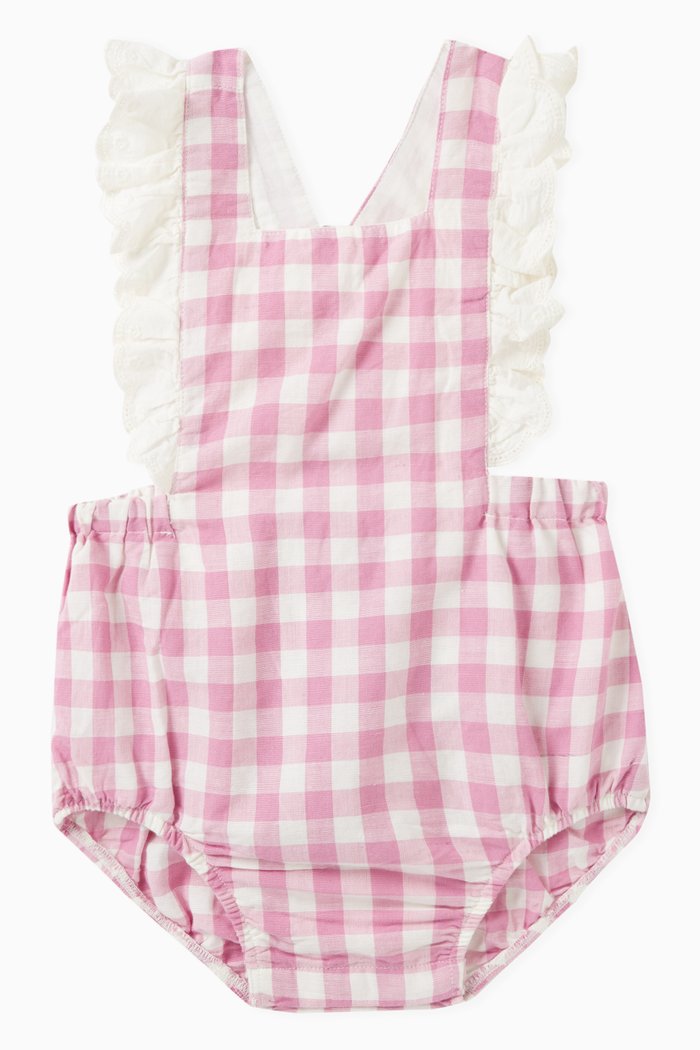 

Gingham-patterned Bodysuit in Linen-blend, Pink