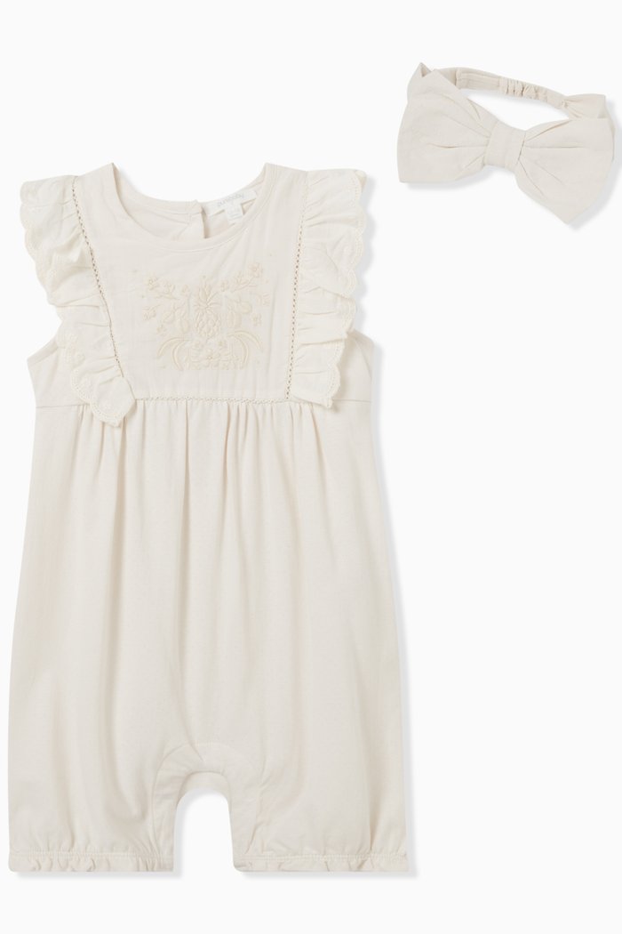 Embroidered Bodysuit & Headband Set in Organic Pointelle, Neutral