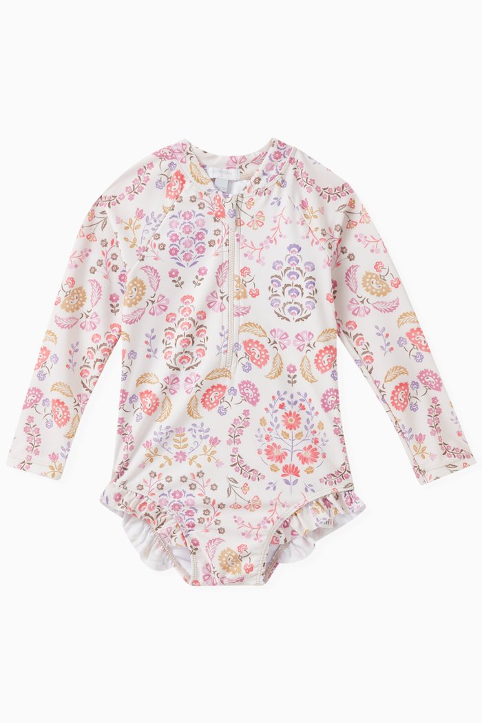 

Printed Long-sleeve Swimsuit, White