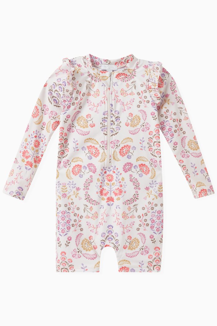 

Printed Long-sleeve Sunsuit, White