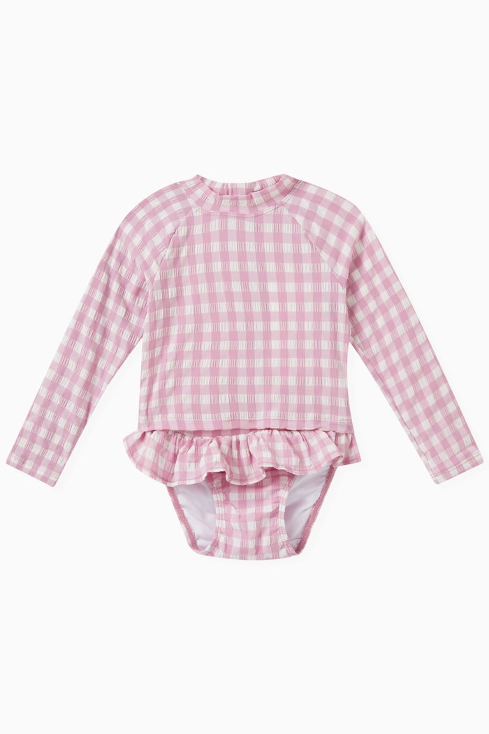 

Gingham Long-sleeve Swim Set, Pink