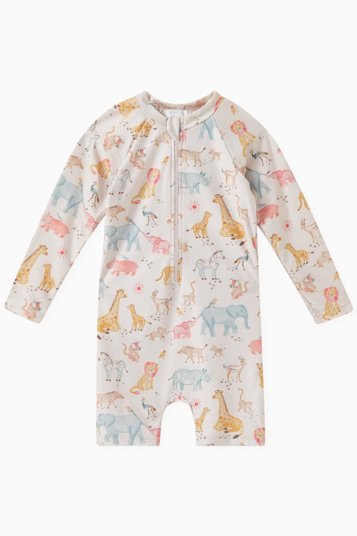 

Savanna-print Long-sleeve Rashie Sunsuit, Neutral
