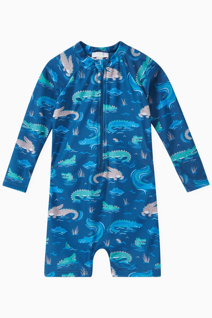 

Crocodile-print Long-sleeve Sunsuit, Blue