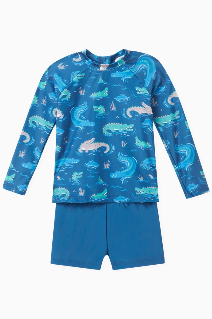 

Crocodile-print Long-sleeve Swim Set, Blue