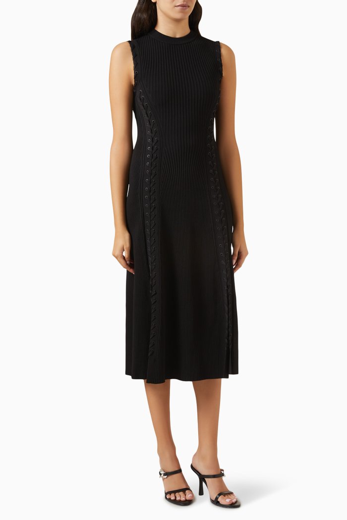 

Lorena Lace-up Midi Dress in Ribbed Rayon-blend, Black