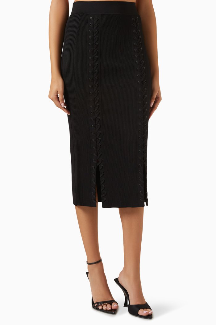 

Helix Lace-up Midi Skirt in Ribbed Rayon-blend, Black