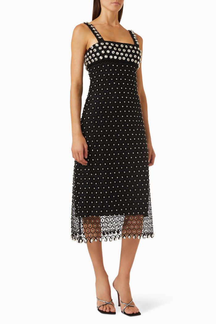 

Kelilah Embellished Midi Dress in Crochet-knit, Black