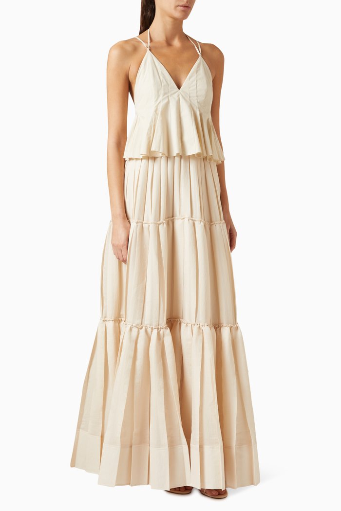 

Delania Pleated Maxi Dress in Cotton, Neutral