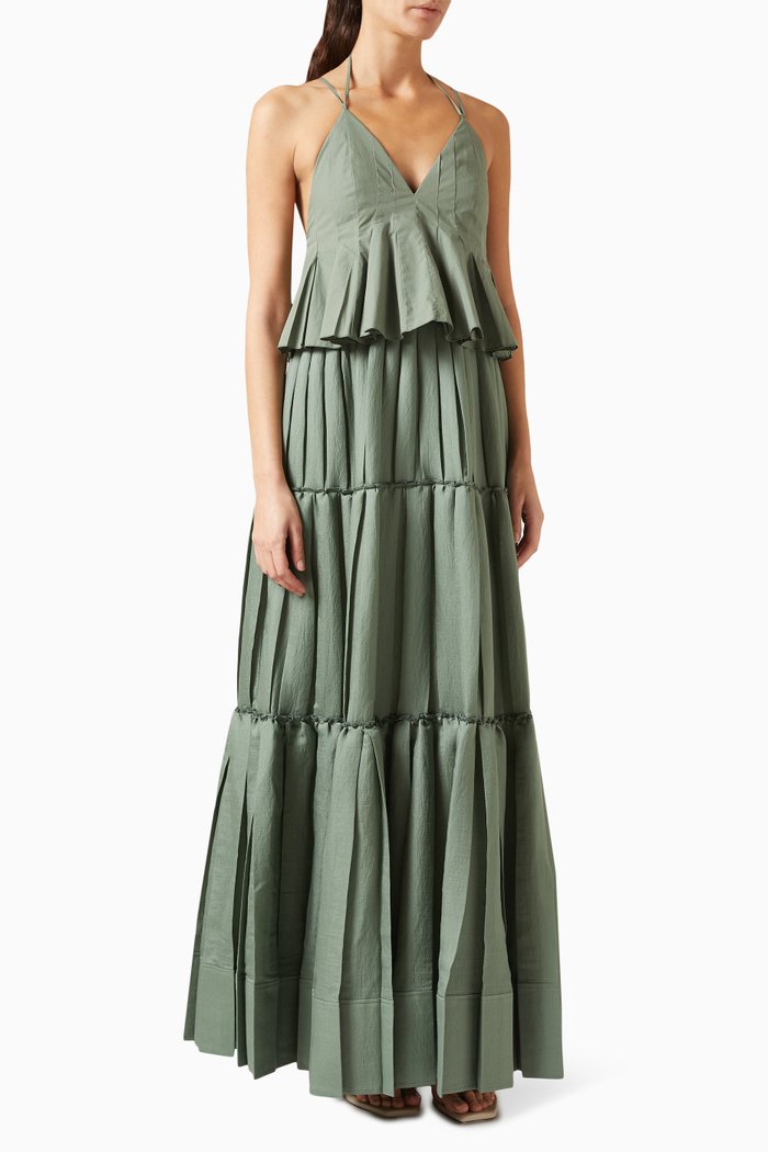 

Delania Pleated Maxi Dress in Cotton, Green