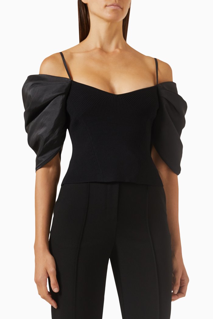 Casette Off-shoulder Bustier Top in Ribbed-knit, Black