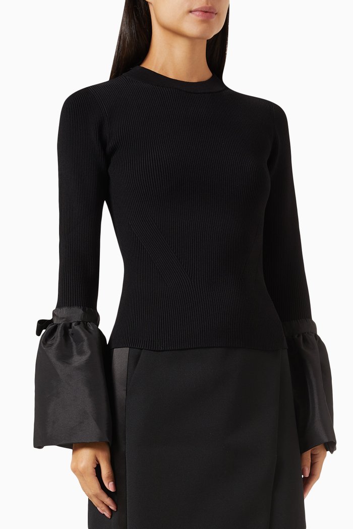 Agata Flare-sleeve Top in Ribbed-knit, Black