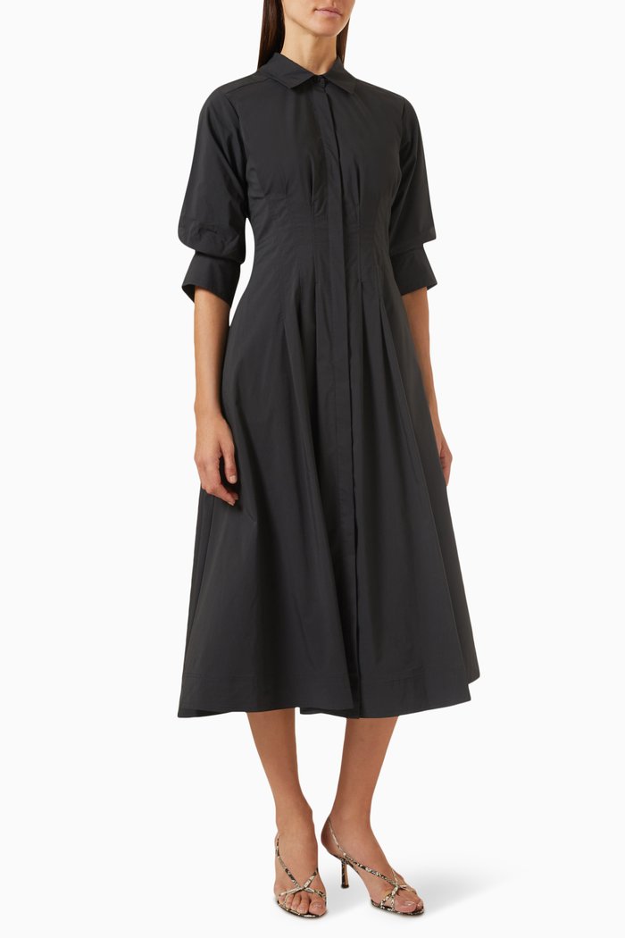 

Jazz Pintuck Midi Dress in Poplin, Black