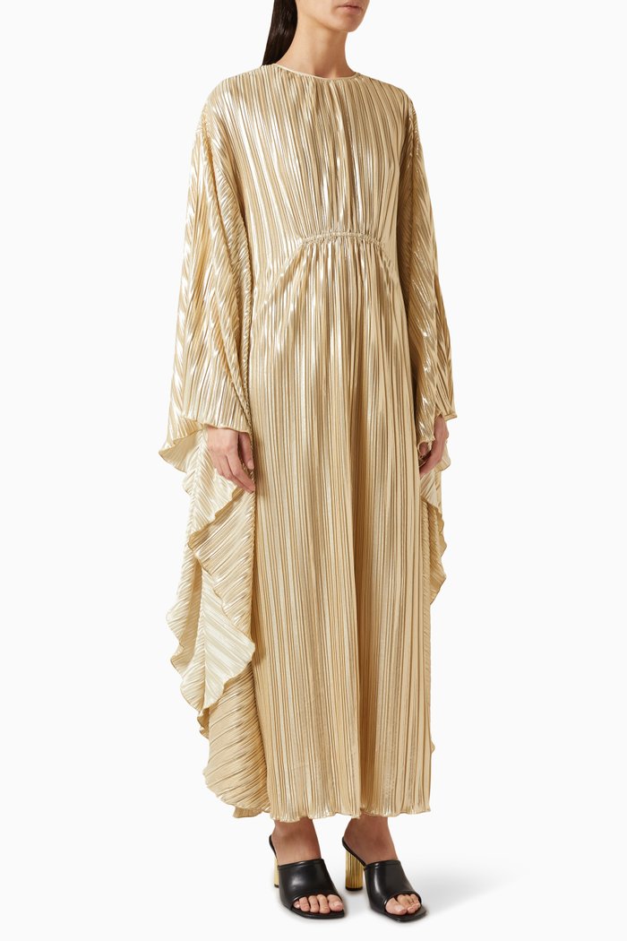 Tie Waist Kaftan in Metallic Plisse, Gold