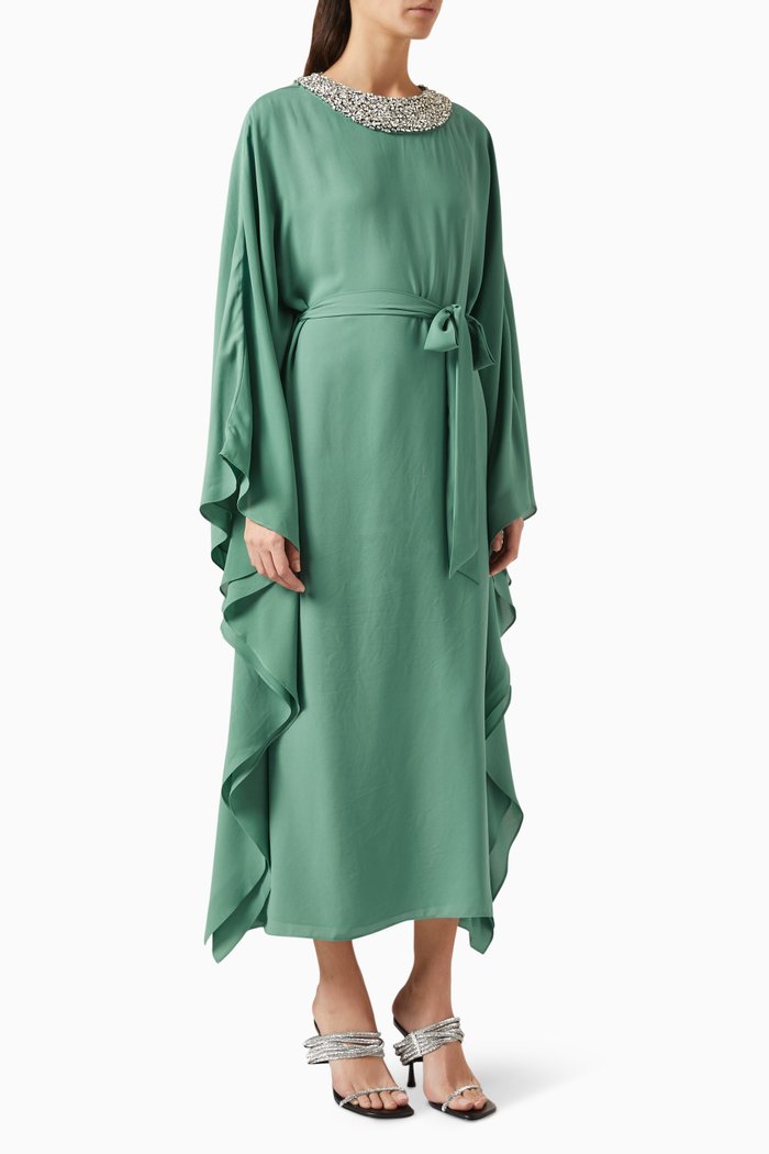

Embellished Belted Kaftan in Chiffon, Green