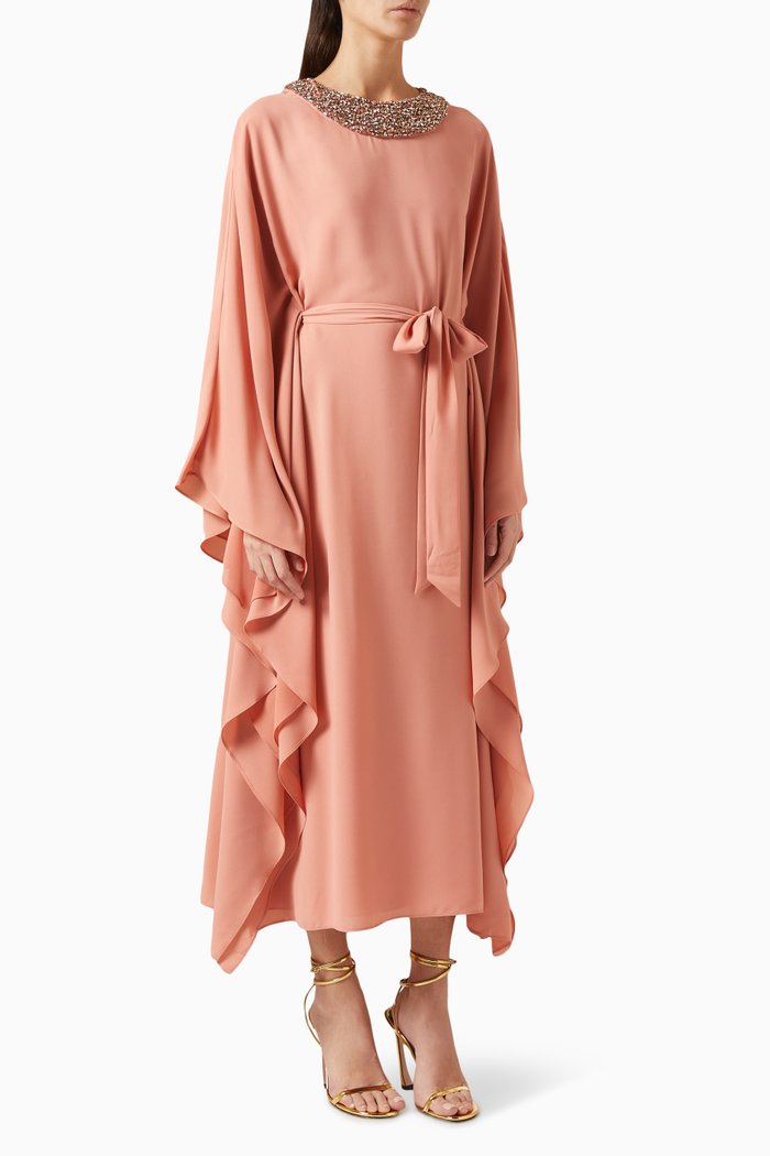 

Embellished Belted Kaftan in Chiffon, Pink