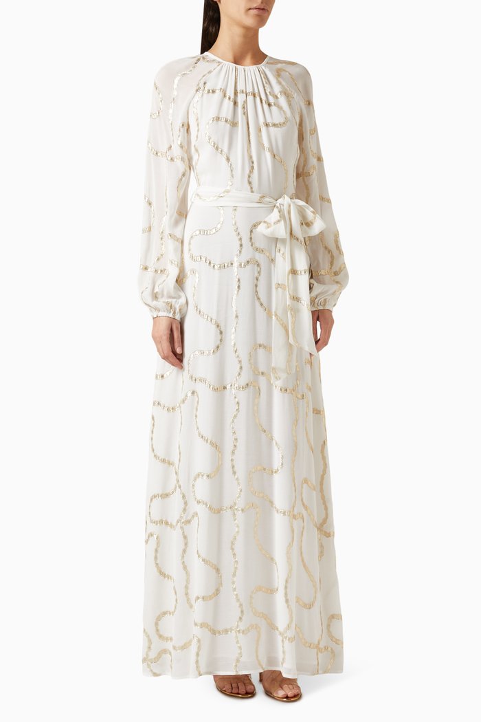 

Belted Maxi Dress in Metallic Jacquard, Multicolour