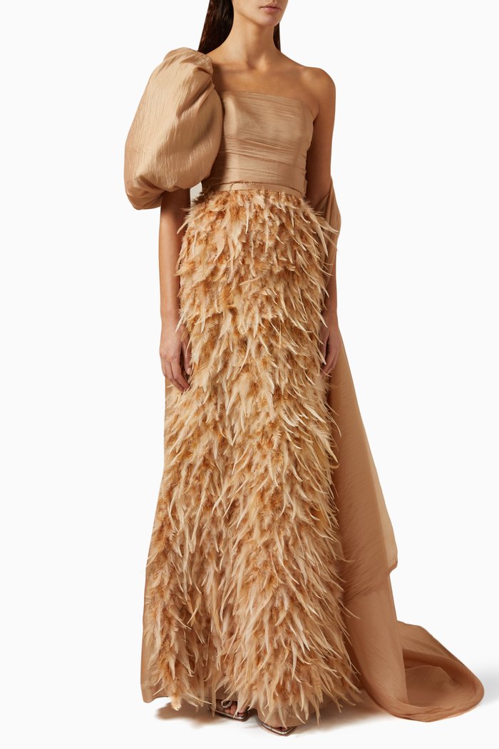 

Feathered Maxi Dress in Organza, Neutral
