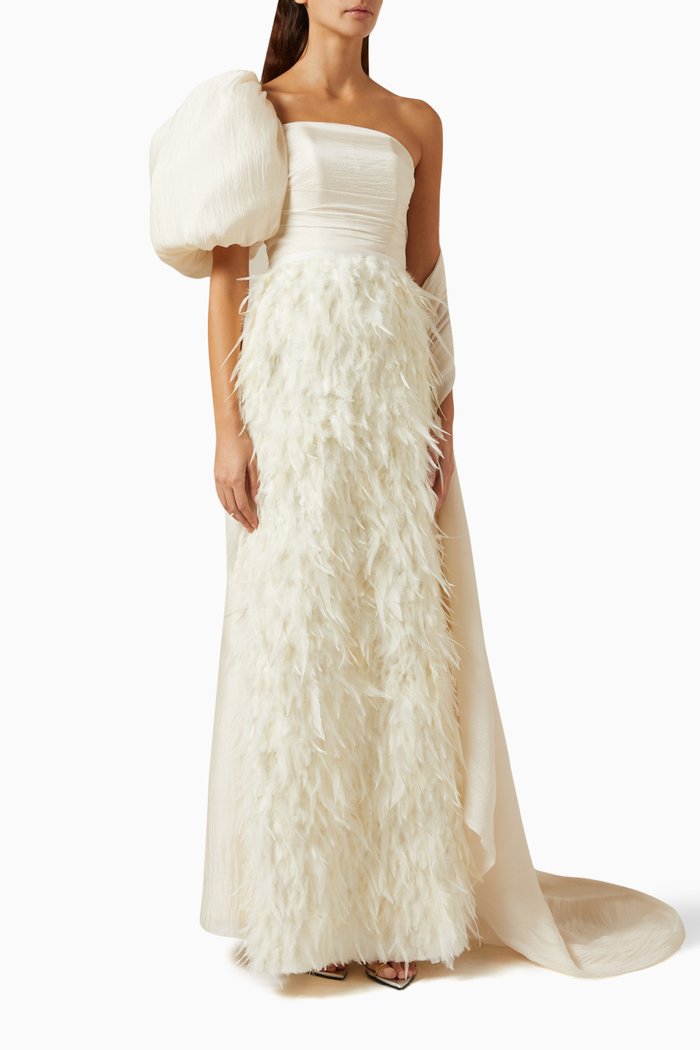 

Feathered Maxi Dress in Organza, Neutral