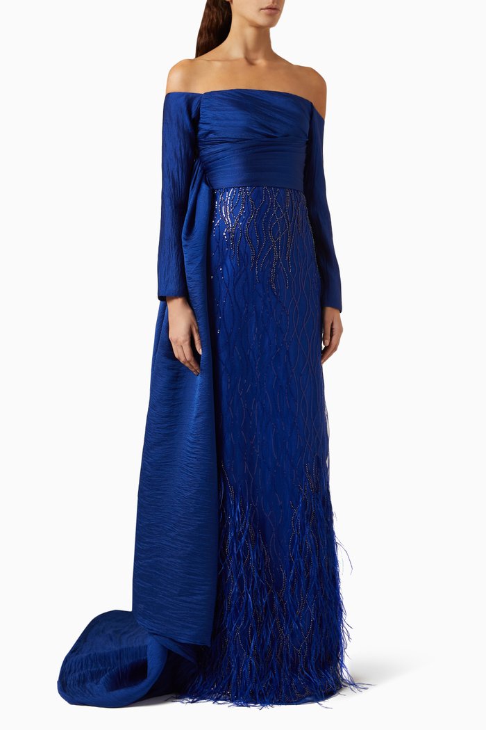 

Embellished Choker Maxi Dress in Jacquard Organza, Blue