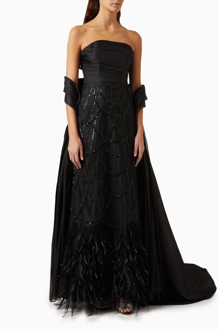 

Strapless Embellished Feather Gown, Black