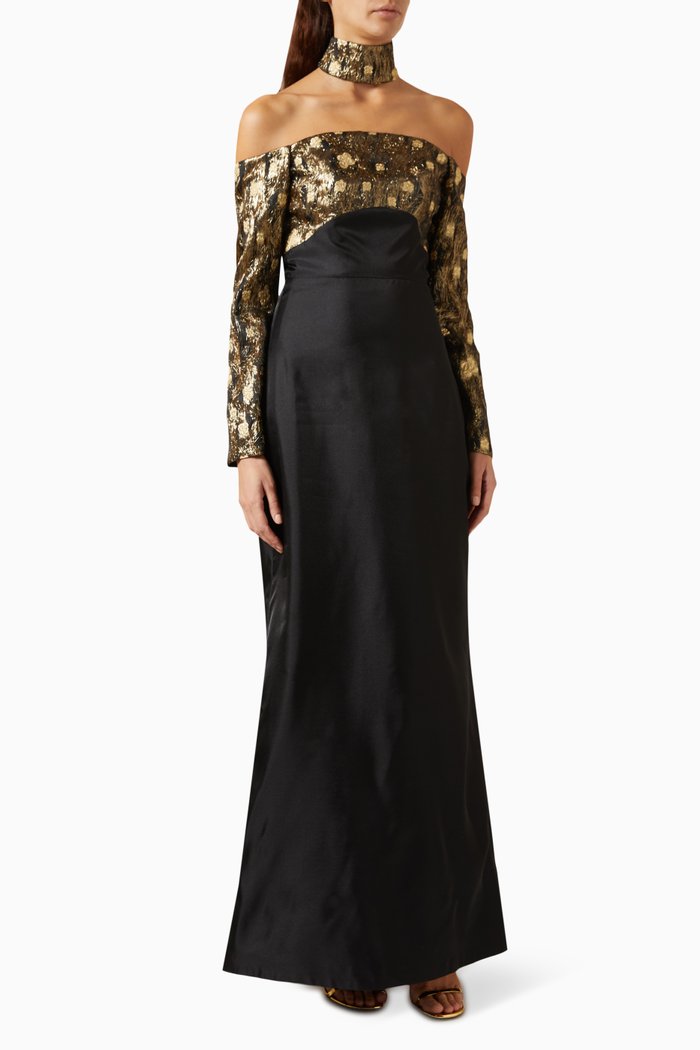 

Choker-style Maxi Dress in Jacquard Organza, Black