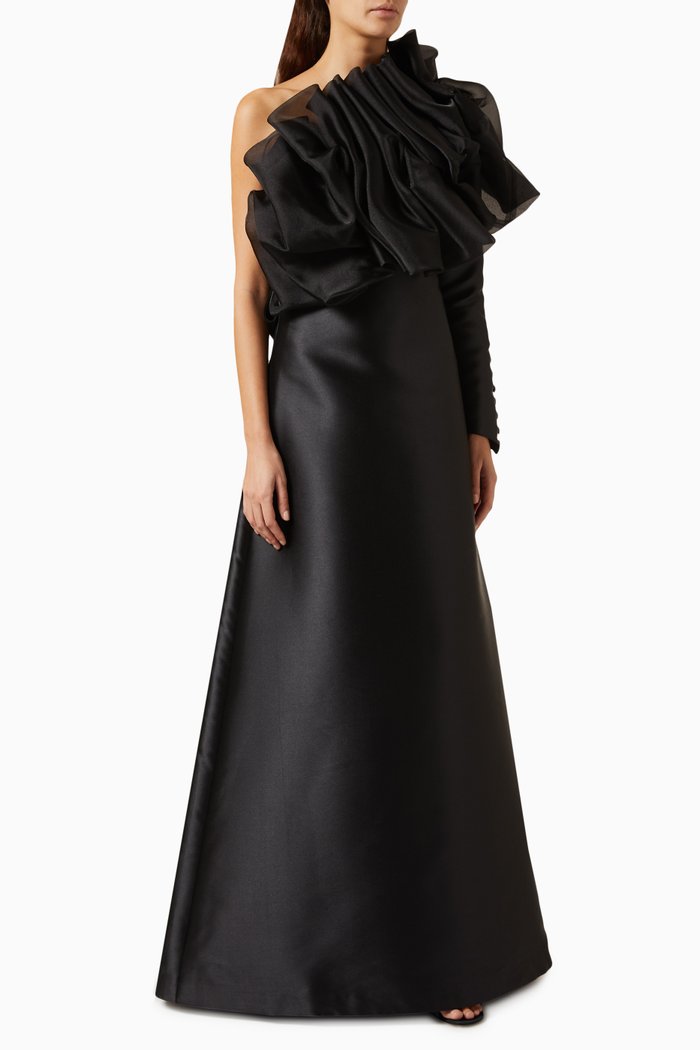 

Ruffled One-shoulder Maxi Gown in Satin, Black