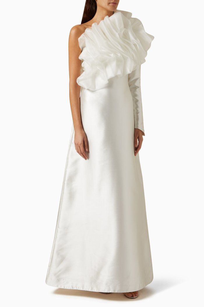 

Ruffled One-shoulder Maxi Gown in Satin, White