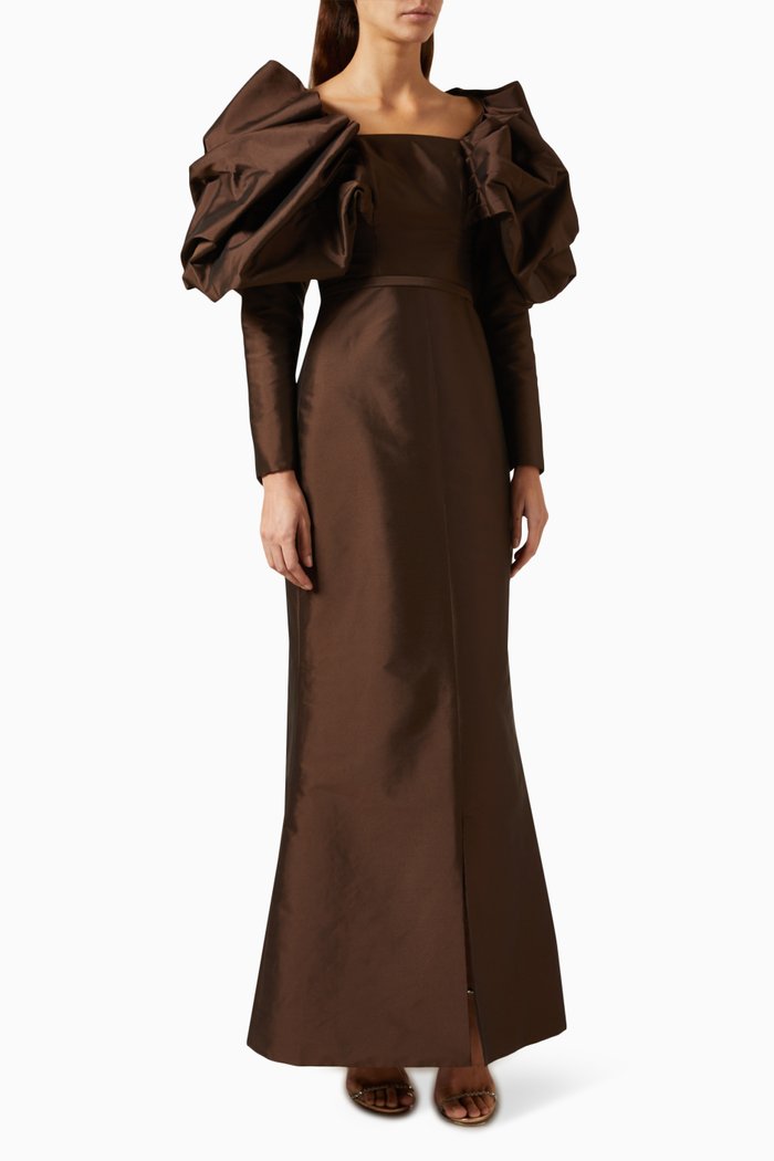 Puffed-sleeves Maxi Dress in Satin, Brown