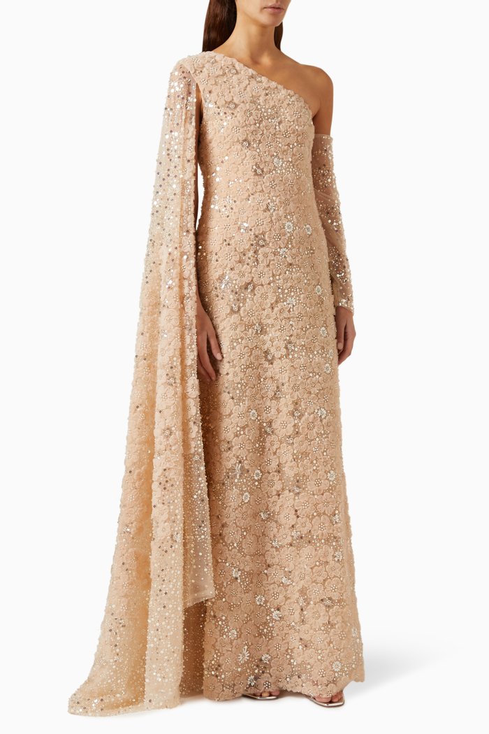 Hand-embroidered Maxi Dress in Tulle, Neutral