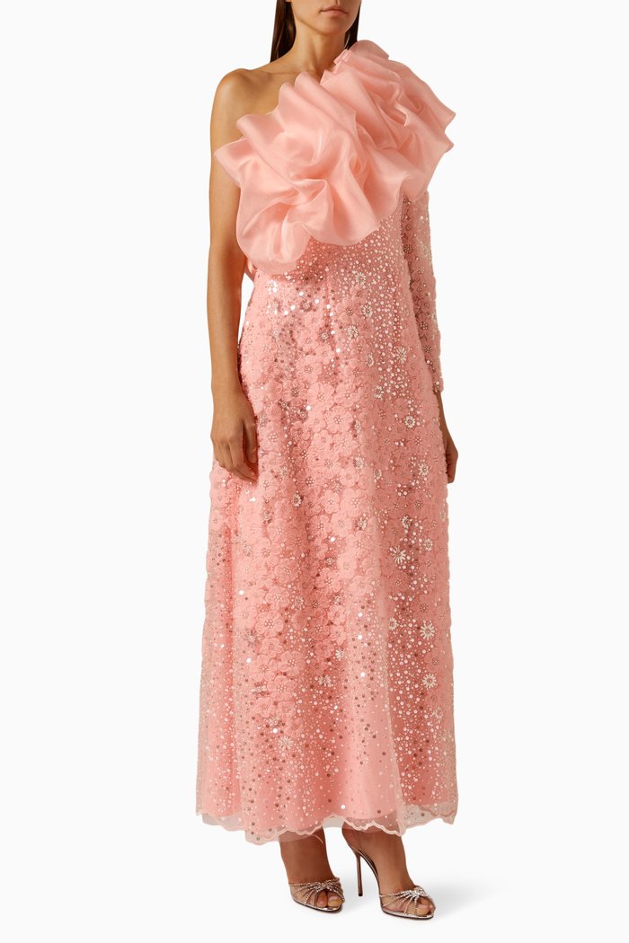 

Embellished One-shoulder Maxi Dress in Tulle, Pink